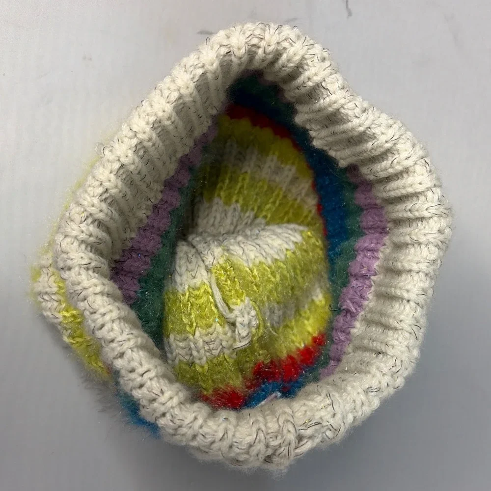 Rainbow Striped Knit Beanie Hat with Faux Fur Pom Pom and Metallic Tinsel Accent